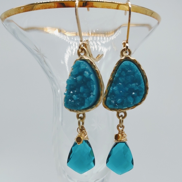 Sterling Silver Vermeil Teal Quartz Drop Earrings - Picture 3 of 10